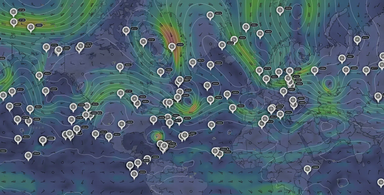 Forecast wind map over Europe with WindBorne balloon locations