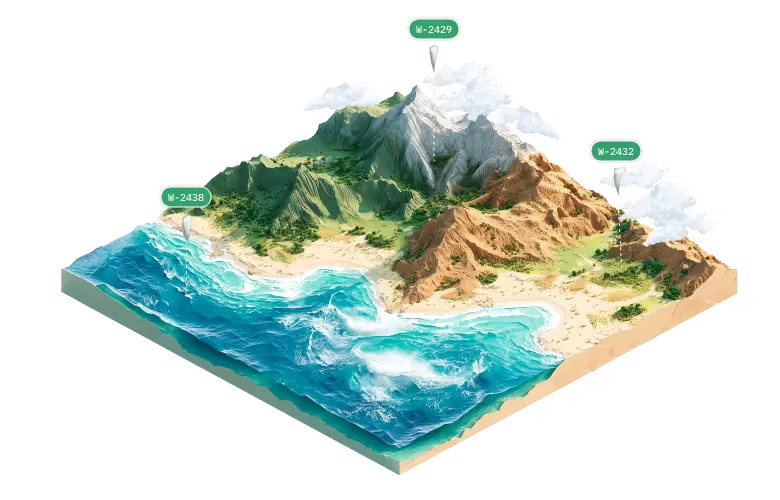 A terrain model showing WindBorne balloon observations across ocean, mountain, and desert regions
