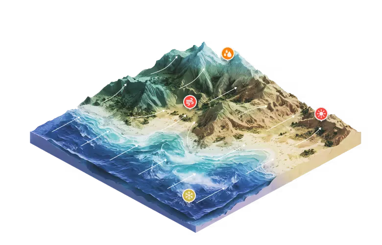 The same terrain with weather alerts and operational flow lines