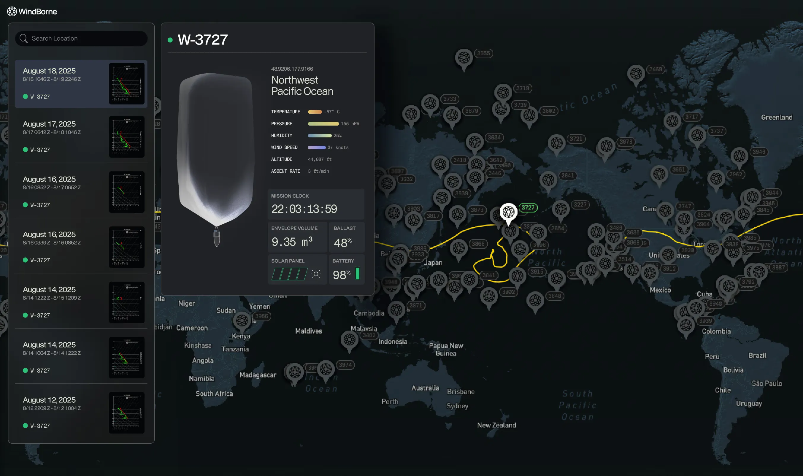 WindBorne Live dashboard showing observations from a balloon over the northwest Pacific Ocean